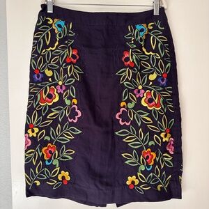 Moulinette Soeurs (Anthropologie) Navy Floral Embroidered linen Pencil Skirt